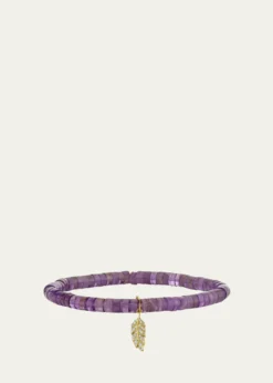 Sydney Evan14K Gold Diamond Tiny Pave Feather on Amethyst Heishi Bracelet