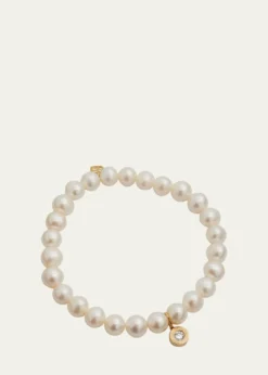 Sydney Evan14k Gold Pearl Beaded Bracelet with Diamond Charm
