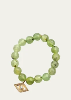 Sydney Evan14k Gold Prehnite Beaded Bracelet with Diamond Evil Eye Charm