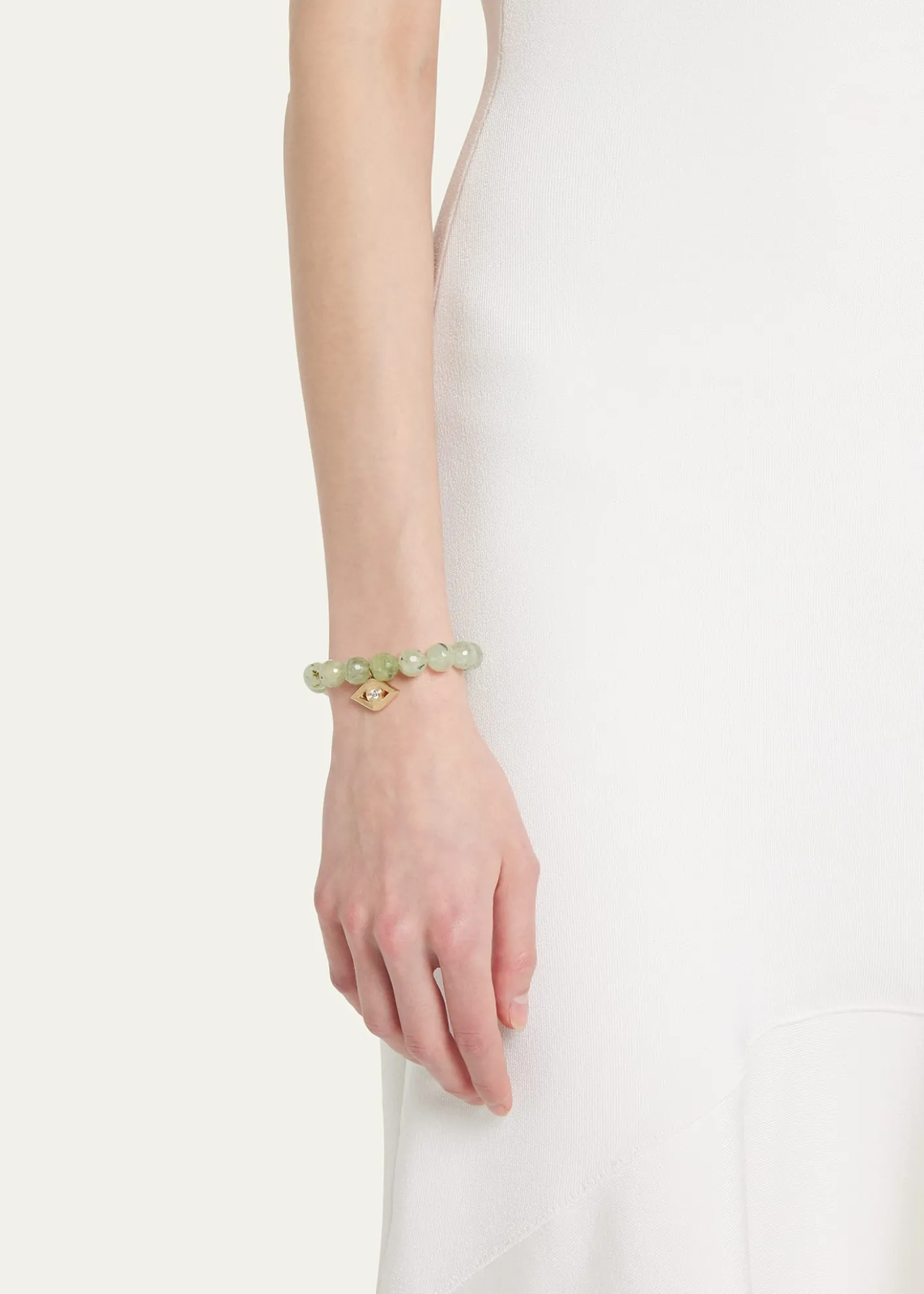 Sydney Evan14k Gold Prehnite Beaded Bracelet with Diamond Evil Eye Charm