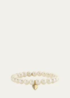 Sydney Evan14K Half Pave Heart Charm on Pearl Stretch Bracelet