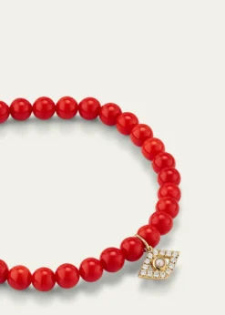 Sydney Evan14K Large Evil Eye Charm on Peach Coral Bracelet