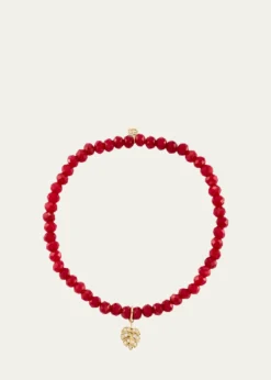 Sydney Evan14K Tiny Monstera Leaf Charm on Dark Red Jade Bracelet