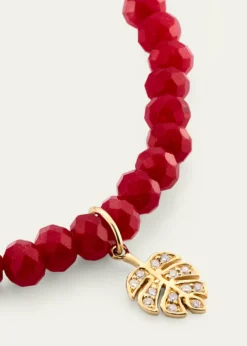 Sydney Evan14K Tiny Monstera Leaf Charm on Dark Red Jade Bracelet