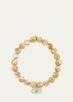 Sydney Evan14K Yellow Gold Carved Stone Bezel Evil Eye Charm on Tan Bead Bracelet