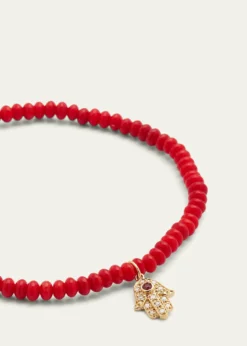Sydney Evan3mm Beaded Coral Bracelet with Diamond Hamsa Pendant