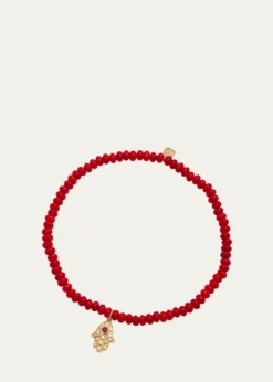 Sydney Evan3mm Beaded Coral Bracelet with Diamond Hamsa Pendant