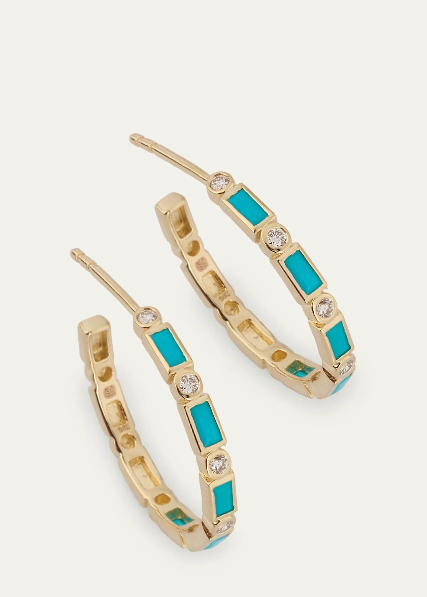 Sydney Evan14K Gold Baguette Turquoise and Round Diamond Hoop Earrings