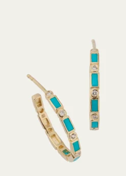 Sydney Evan14K Gold Baguette Turquoise and Round Diamond Hoop Earrings