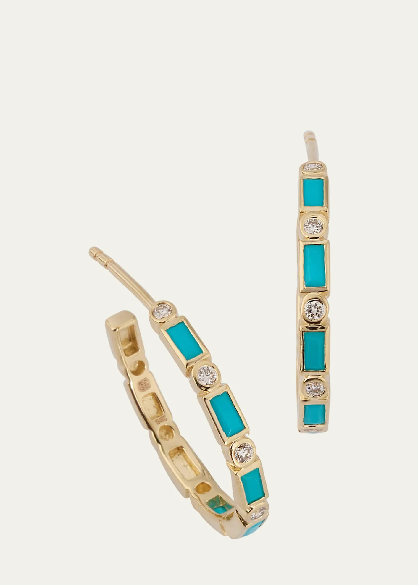 Sydney Evan14K Gold Baguette Turquoise and Round Diamond Hoop Earrings