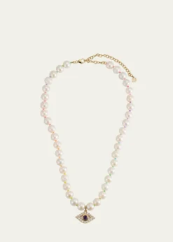 Sydney Evan14K Gold Bezel Evil Eye Charm Freshwater Pearl Necklace