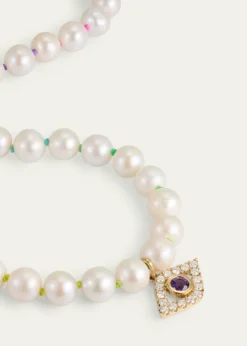 Sydney Evan14K Gold Bezel Evil Eye Charm Freshwater Pearl Necklace