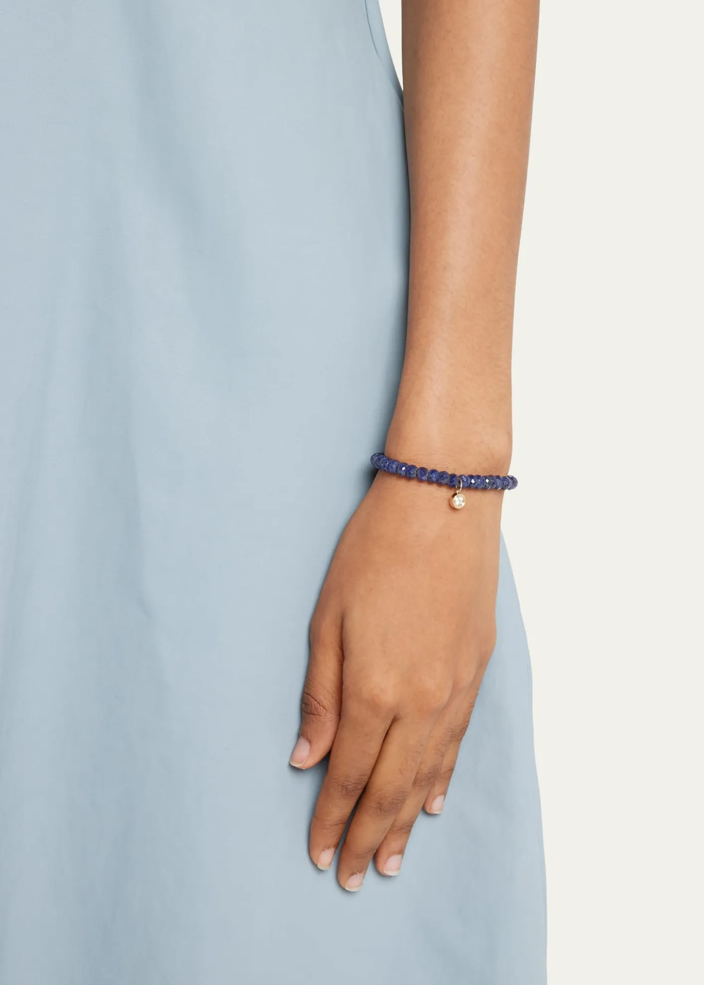 Sydney Evan14K Gold Fluted Diamond Charm on Blue Sapphire Rondelle Bead Bracelet
