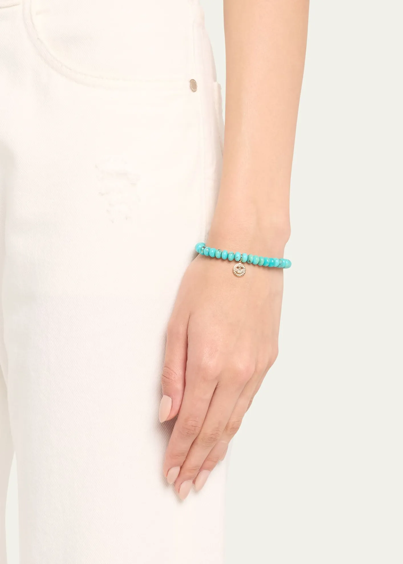 Sydney Evan14K Gold Pavé Happy Face Charm on Turquoise Bead Bracelet