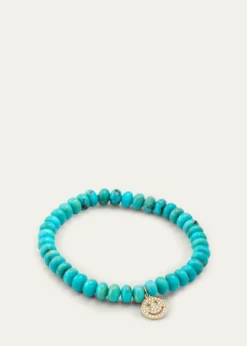 Sydney Evan14K Gold Pavé Happy Face Charm on Turquoise Bead Bracelet