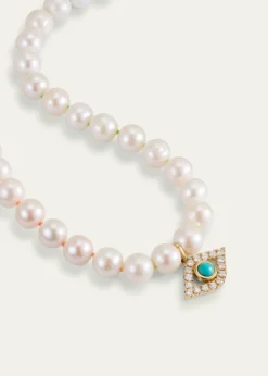 Sydney Evan14K Large Turquoise Evil Eye Charm on Freshwater Pearl Necklace