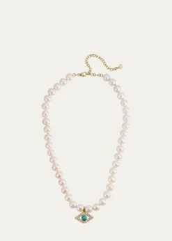 Sydney Evan14K Large Turquoise Evil Eye Charm on Freshwater Pearl Necklace