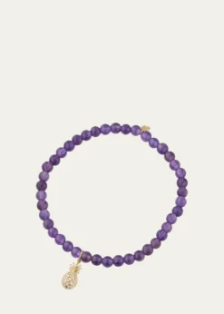Sydney Evan14K Yellow Gold Diamond Pineapple Charm and Amethyst Bead Bracelet