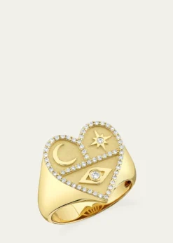 Sydney Evan14K Yellow Gold Heart Icons Signet Ring with Diamonds