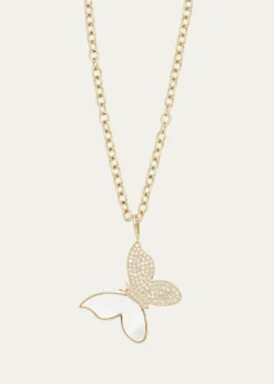 Sydney Evan14K Yellow Gold Large Butterfly Charm Necklace with Pearl Inlay and Diamonds