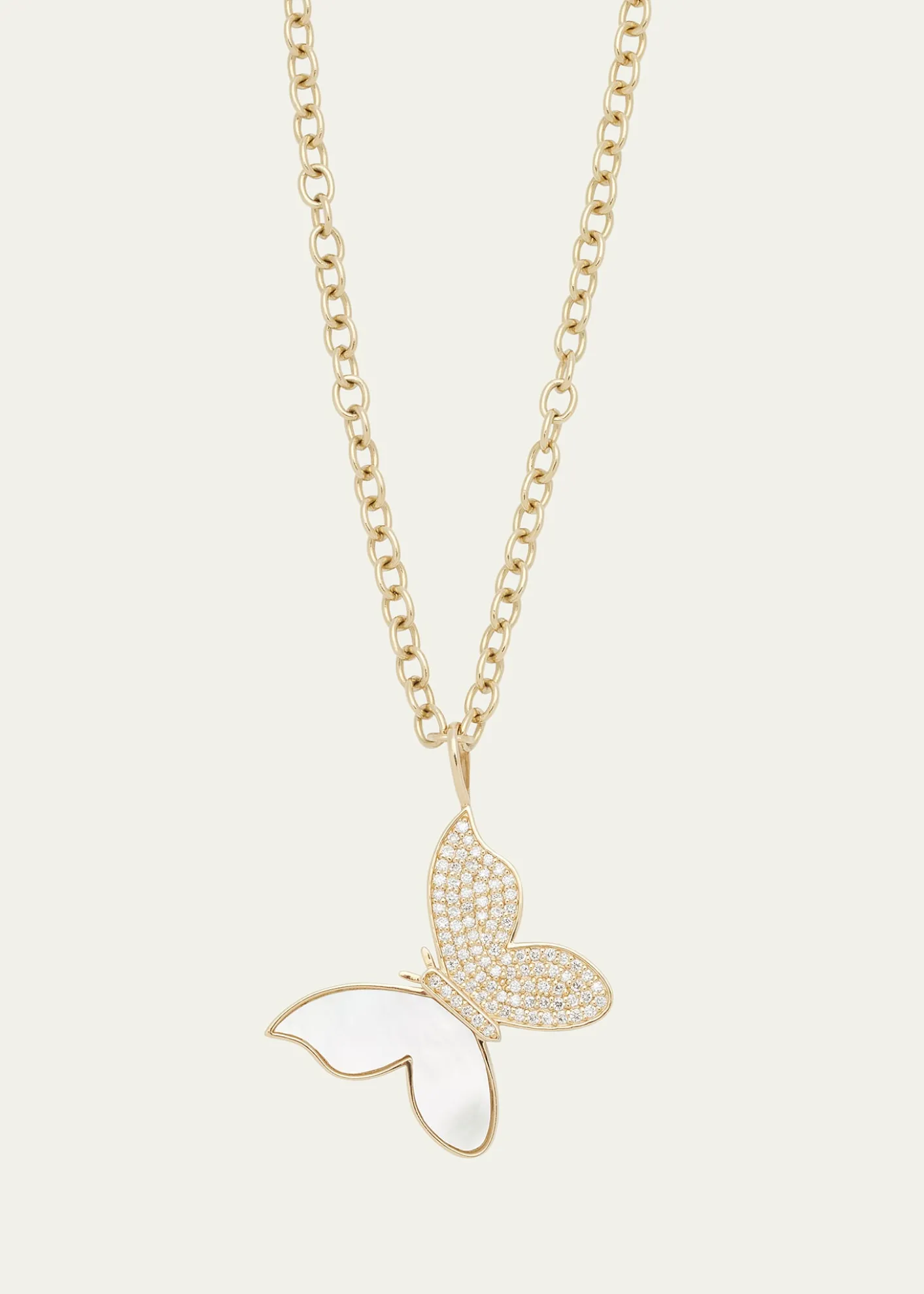 Sydney Evan14K Yellow Gold Large Butterfly Charm Necklace with Pearl Inlay and Diamonds