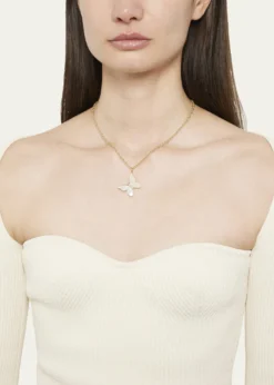 Sydney Evan14K Yellow Gold Large Butterfly Charm Necklace with Pearl Inlay and Diamonds