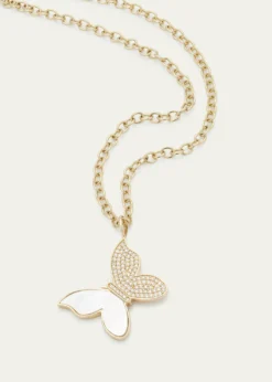 Sydney Evan14K Yellow Gold Large Butterfly Charm Necklace with Pearl Inlay and Diamonds