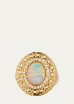 Sydney Evan14K Yellow Gold Marquise Eye Opal Cabochon Signet Ring with Diamonds