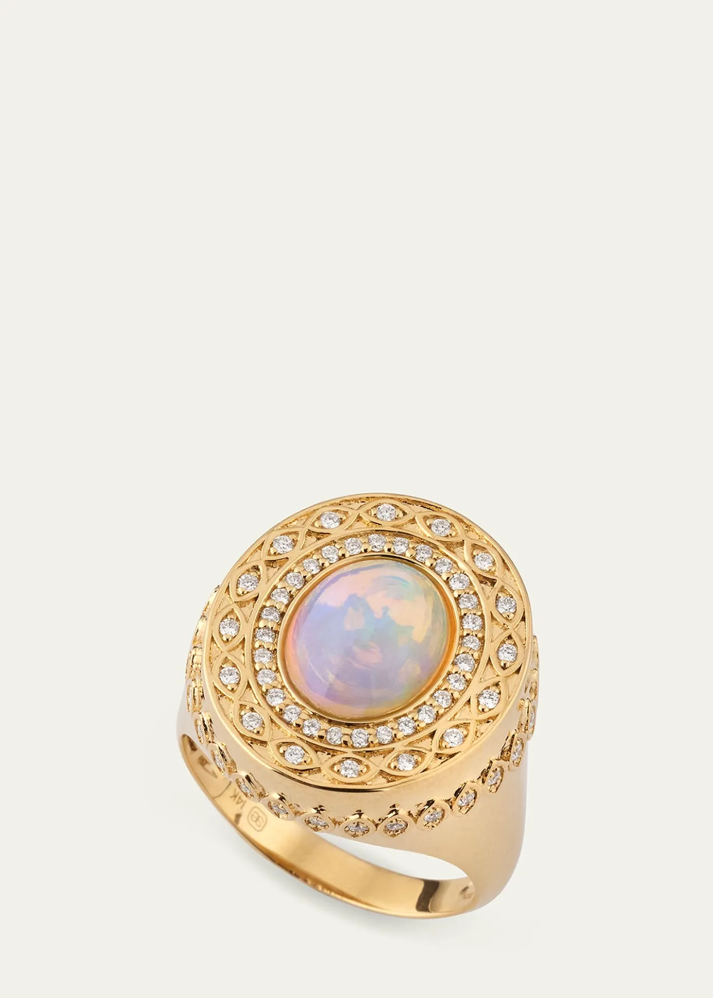 Sydney Evan14K Yellow Gold Marquise Eye Opal Cabochon Signet Ring with Diamonds