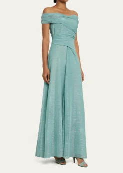 Talbot RunhofDraped Off-The-Shoulder Metallic Plisse Gown