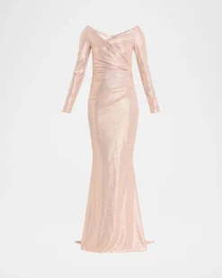 Talbot RunhofMetallic Draped Off-The-Shoulder Long-Sleeve Gown
