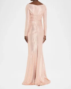 Talbot RunhofMetallic Draped Off-The-Shoulder Long-Sleeve Gown