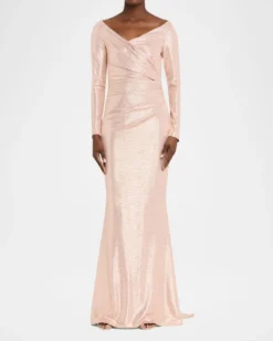 Talbot RunhofMetallic Draped Off-The-Shoulder Long-Sleeve Gown