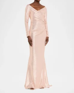 Talbot RunhofMetallic Draped Off-The-Shoulder Long-Sleeve Gown