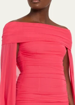 Talbot RunhofRuched Off-The-Shoulder Mesh Cape Gown