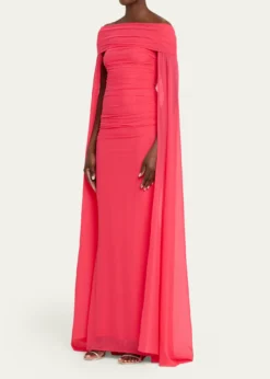 Talbot RunhofRuched Off-The-Shoulder Mesh Cape Gown