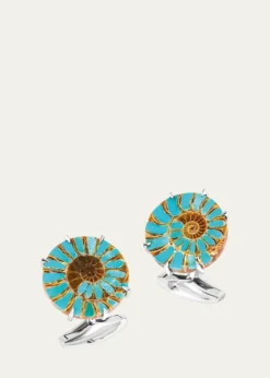 TateossianMen's Limited Edition Ammonite Cufflinks in Rhodium Silver with Turquoise