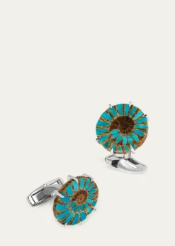 TateossianMen's Limited Edition Ammonite Cufflinks in Rhodium Silver with Turquoise