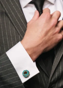 TateossianMen's Limited Edition Ammonite Cufflinks in Rhodium Silver with Turquoise
