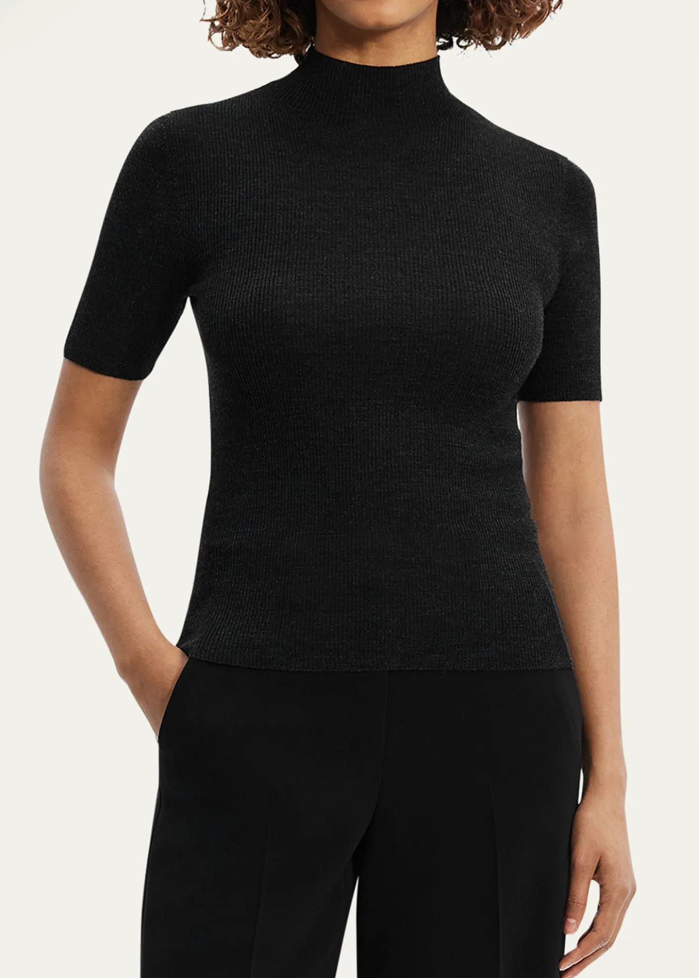 TheoryLeenda Regal Merino Wool Short-Sleeve Mock-Neck Top
