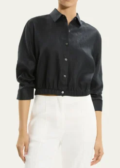 TheoryRuched-Sleeve Cropped Linen Shirt