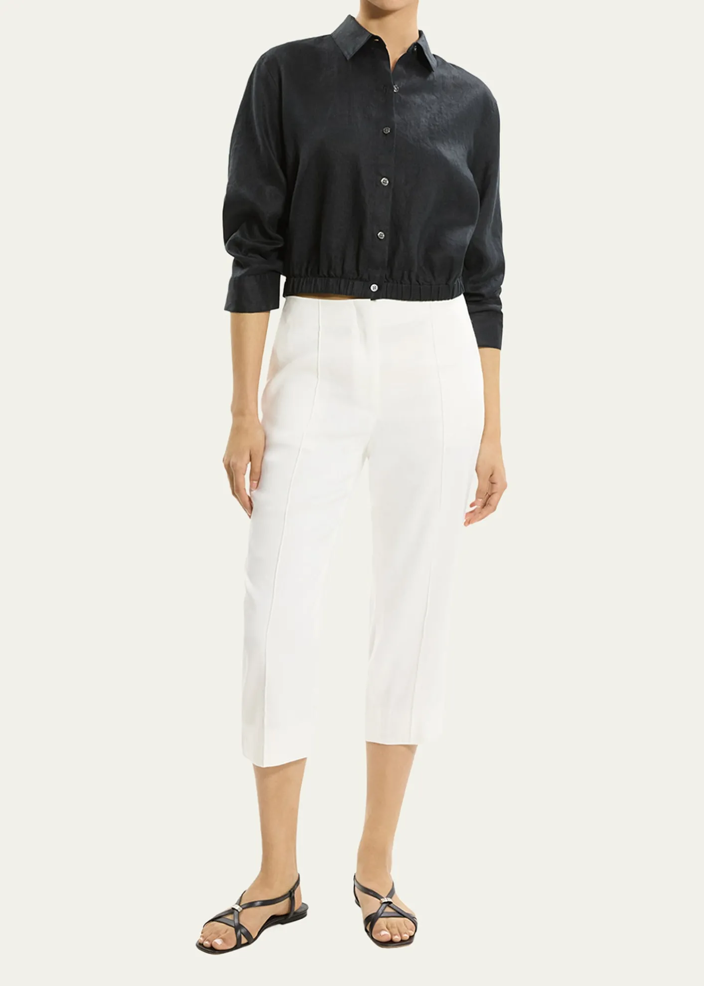 TheoryRuched-Sleeve Cropped Linen Shirt