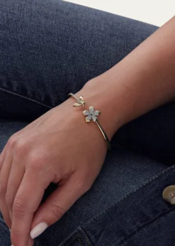 THIS ITEM IS NOT AVAILABLE.Sara Weinstock18K Two-Tone Gold Queen Bee Diamond Partial Flower And Bee Open Bangle Cuff
