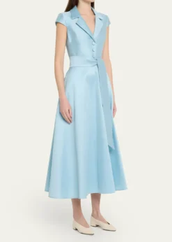 THIS ITEM IS NOT AVAILABLE.Badgley MischkaBelted Cap-Sleeve Pique Midi Shirtdress