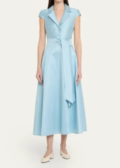 THIS ITEM IS NOT AVAILABLE.Badgley MischkaBelted Cap-Sleeve Pique Midi Shirtdress