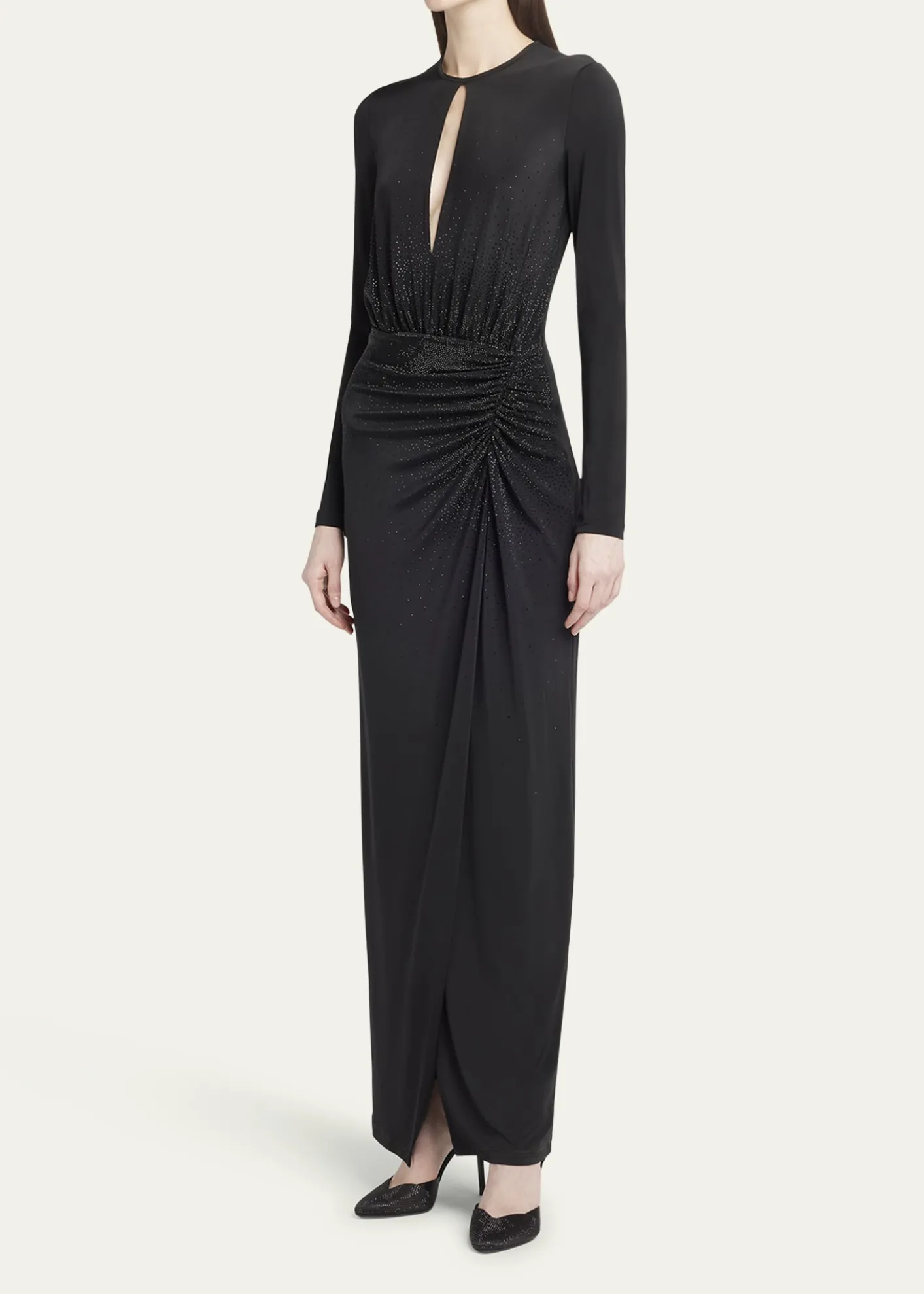 THIS ITEM IS NOT AVAILABLE.Giorgio ArmaniKeyhole Long-Sleeve Crystal Draped Jersey Gown