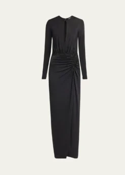 THIS ITEM IS NOT AVAILABLE.Giorgio ArmaniKeyhole Long-Sleeve Crystal Draped Jersey Gown