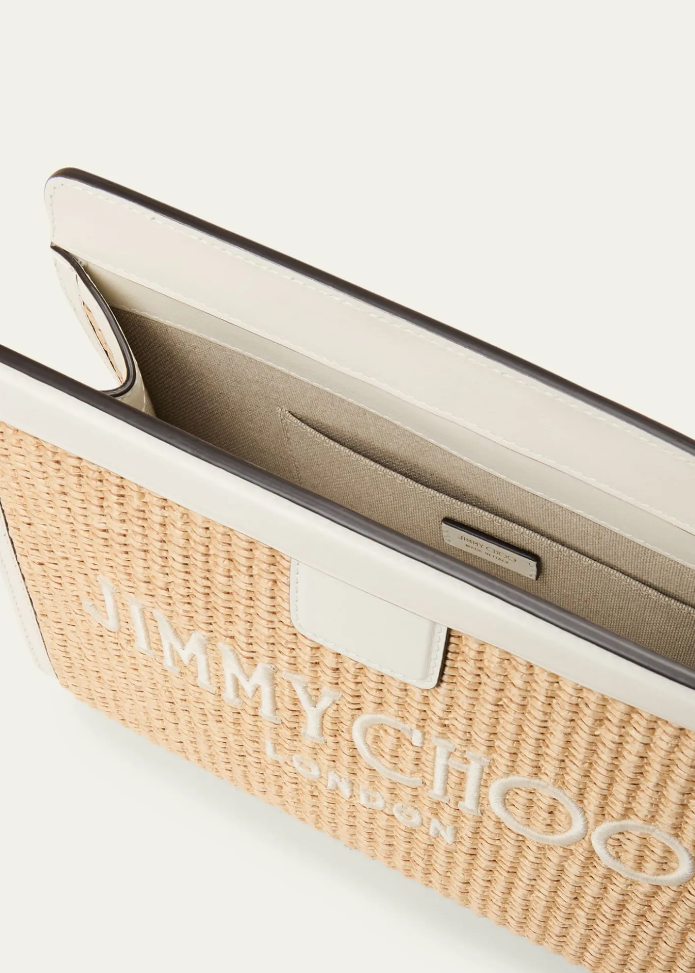 THIS ITEM IS NOT AVAILABLE.Jimmy ChooAvenue Logo Raffia Clutch Bag