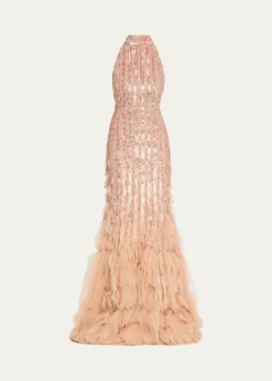 THIS ITEM IS NOT AVAILABLE.Pamella RolandDegrade Beaded Tulle Ruffle Halter Gown