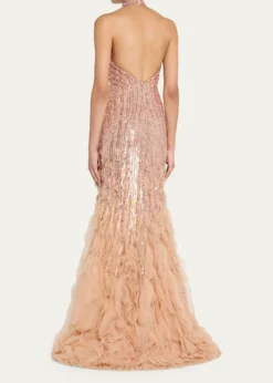 THIS ITEM IS NOT AVAILABLE.Pamella RolandDegrade Beaded Tulle Ruffle Halter Gown
